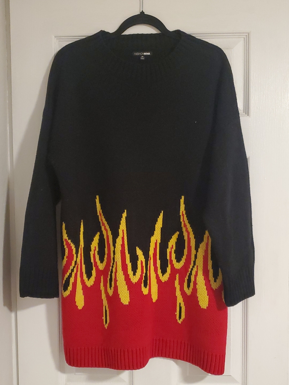 Fashion Nova Black Sweater Dress with Red and Yellow Flame Motif
